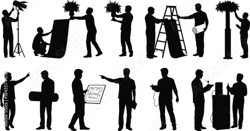 Flat vector, event setup silhouettes, production crew, backstage workers, planner icons, technician poses, decoration team, lighting crew, blueprint handler, 