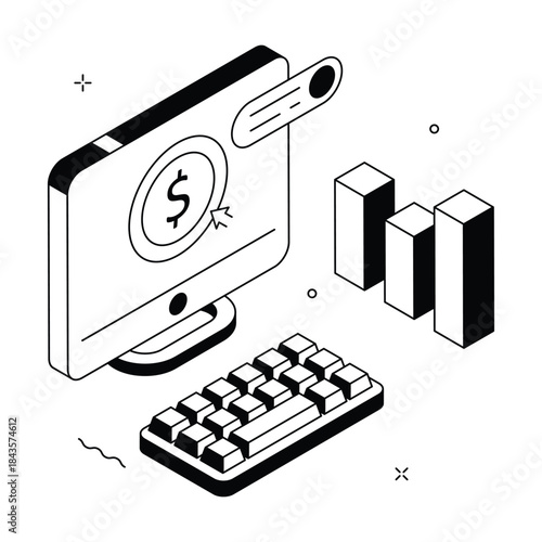 Trendy isometric illustration of online finance, pay per click online marketing