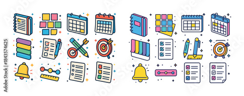Colorful planning and organization icons featuring calendars not