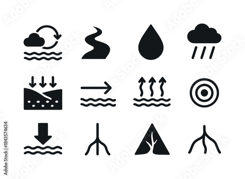 Hydrology Icons Grid. Hydrology. Solid icon set of Hydrology: wa