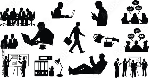 Flat vector, office activity silhouettes, business icons, laptop work, meeting scene, document reading, briefcase walking, presentation pose, corporate interaction, thought bubble, coffee break,