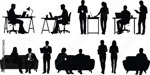 Flat vector, office silhouette icons, desk work, coffee break, casual meeting, professional posture, laptop usage, document handling, team interaction, 