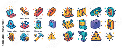 Cartoon icon set of industrial safety hazards and tools