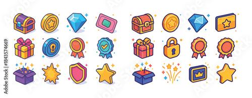 Colorful cartoon icons of treasures, medals, and gifts