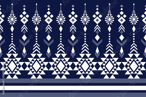 Seamless abstract geometric pattern with navy and white color on dark blue background ,Native American tribal fabric, tile, carpet, vector, illustration design