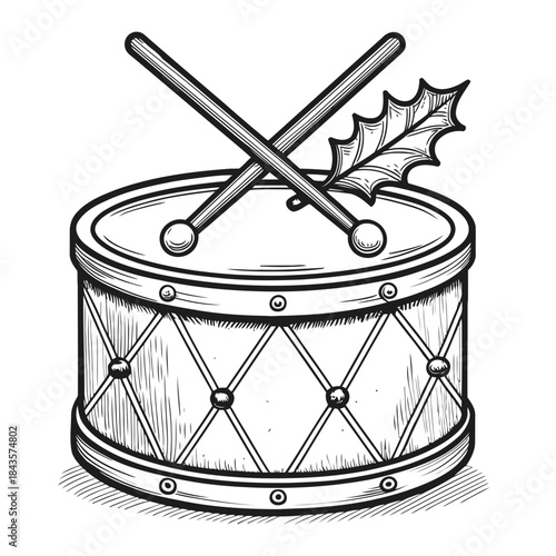 Classic Christmas Snare Drum with Drumsticks and Holly Leaf – Hand-Drawn Festive Line Art Illustration