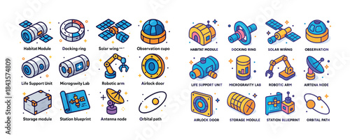 Space station modules and equipment icons with futuristic design
