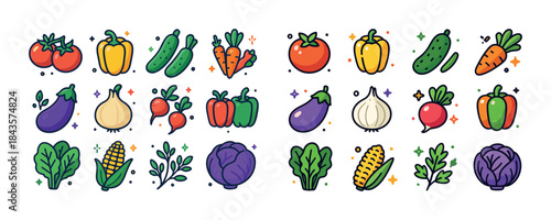 Colorful vegetable icons collection with tomatoes, peppers, and