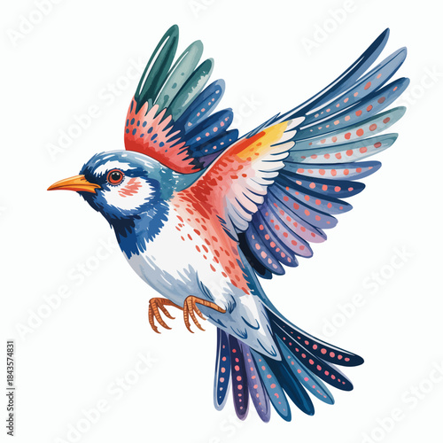 A vividly colored bird is mid-flight, showcasing its beautiful wings and vibrant plumage, representing freedom and the wonders of nature in an artistic portrayal.
