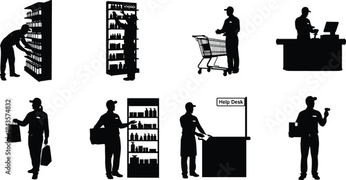 Flat vector, retail worker silhouettes, grocery staff, shelf stocking, checkout scanning, shopping cart, help desk, item retrieval, bag carrying, handheld scanner, 