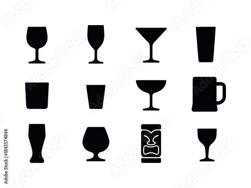 Black Glassware Icons. Glassware. Solid icon set of glassware: w