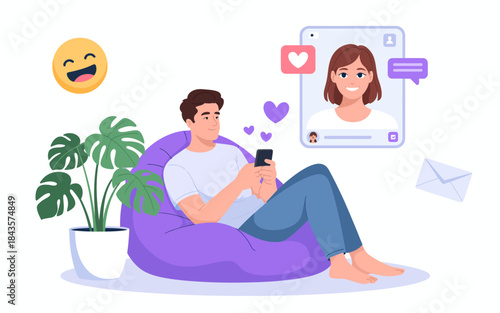 A casual and relaxed young man lounges on a bean bag while using his phone, engaged in a light-hearted conversation, surrounded by a cheerful, comfortable environment.