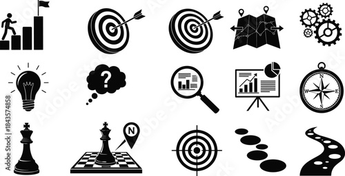 Flat vector, strategy icon set, goal achievement, planning tools, data analysis, leadership symbol, innovation idea, navigation path, business chart, teamwork gears, progress steps, black and white