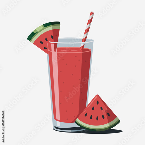 A visually enticing glass of watermelon juice is garnished with fresh watermelon slices and a straw, representing the refreshing taste of summer and healthy living.