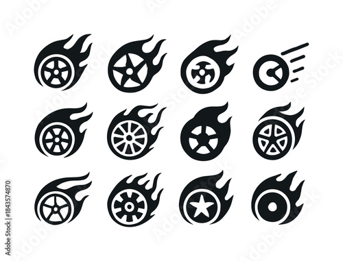 Dynamic Wheel Emblems. Spinning wheels out of control. Icon set.