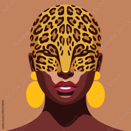 A unique artistic representation of a woman wearing a leopard print mask, symbolizing strength and individuality while adorned with bold jewelry for a striking character.