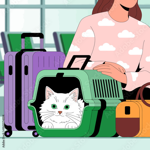A travel scene featuring a fluffy white cat in a carrier alongside luggage, encapsulating the journey of pet owners and the joys of traveling with beloved pets.