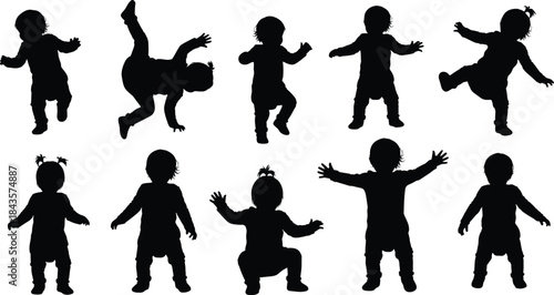 Flat vector, toddler silhouette icons, playful movement, squatting pose, reaching gesture, standing child, ponytail detail, pigtail hairstyle, expressive 