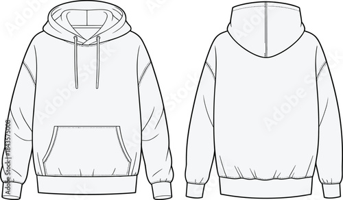 Hooded sweatshirt flat sketch, pullover hoodie front back view, cad drawing flat vector