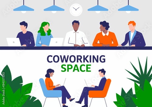 A contemporary coworking space filled with diverse professionals working collaboratively, highlighting the modern approach to teamwork and productivity in a shared environment.