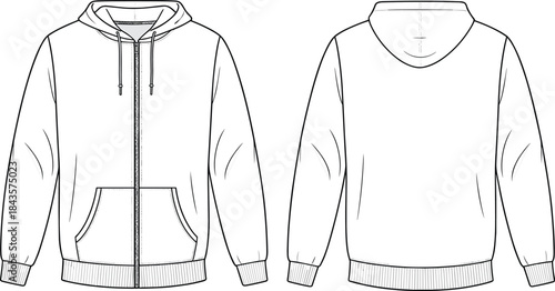 Hooded sweatshirt flat sketch, zip up hoodie, front back view, fashion cad drawing flat vector