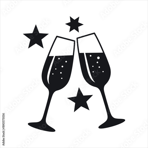 Two black wine glasses are clinking together with black stars floating around them; transparent background