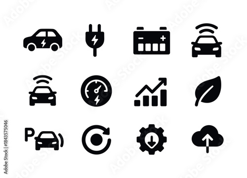 Electric Autonomous Icons. EV and autonomous combo. Solid icon s