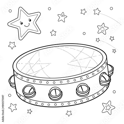 Magic Tambourine with Stars – Cute Musical Instrument Coloring Page Line Art
