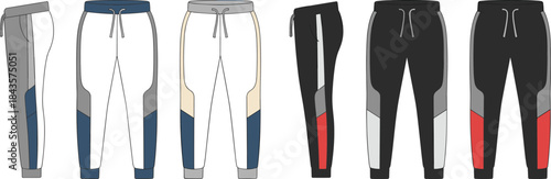 Jogger pants multi style color block front side view, cad drawing flat vector