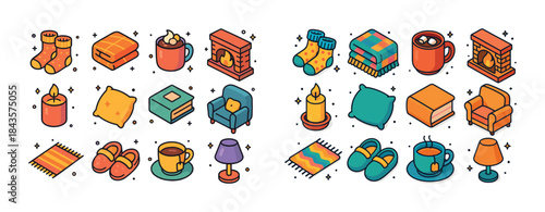 Cozy home icons set featuring socks, fireplace, mug, blanket, an
