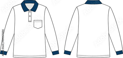 Long sleeve polo shirt flat sketch, white collar tee front back view, cad drawing flat vector