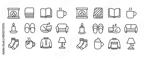 Cozy icons collection featuring fireplace, mug, book, and hygge