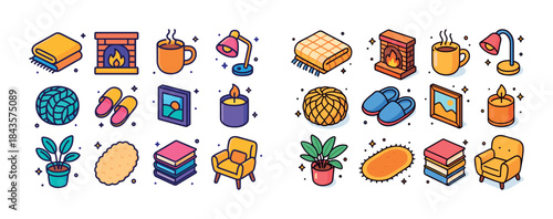 Cozy home icons: fireplace, blankets, hot drinks, books, candles