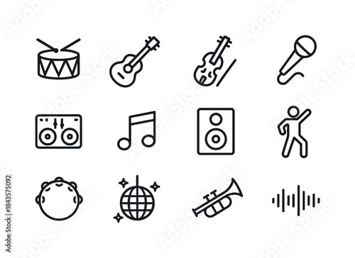 Music and Dance Icons. Music and Dance. Line icon set of music a