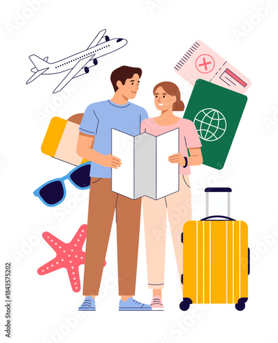 A young couple is exploring travel options with a map in hand amidst travel elements like an airplane, suitcase, and passport, symbolizing adventure and exploration.