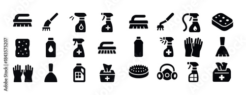 Cleaning tool icons set: brushes, sprays, gloves, sponges, masks