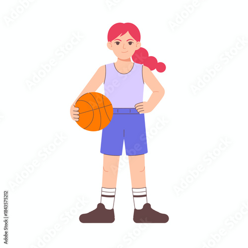 A young girl confidently poses with a basketball, showcasing her sporty outfit and playful demeanor, representing enthusiasm for sports and physical activity.