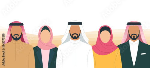 This artistic rendering features a diverse group of individuals in traditional and modern attire, highlighting cultural unity and representation in a vibrant desert landscape.