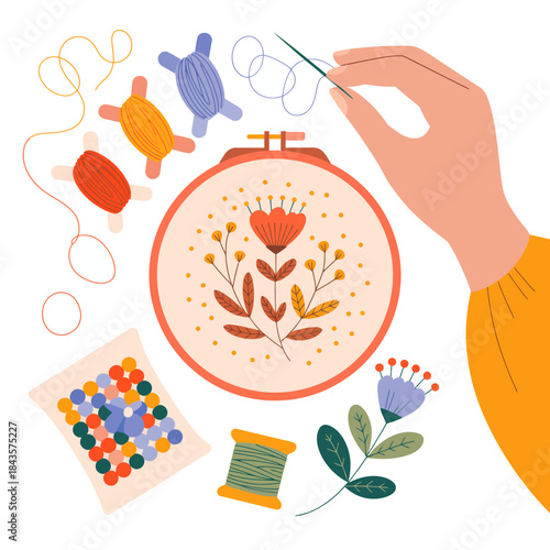 A captivating image showcasing a hand stitching beautiful floral embroidery, surrounded by colorful threads, needles, and an organized crafting environment.