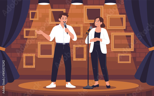 This captivating image shows a male and female comic duo entertaining an audience on stage, highlighting the vibrant atmosphere of live comedy performance in an artistic setting.
