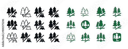 Collection of tree icons in black and green featuring different
