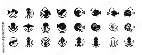 Black and white marine animal icon set including fish, octopus,
