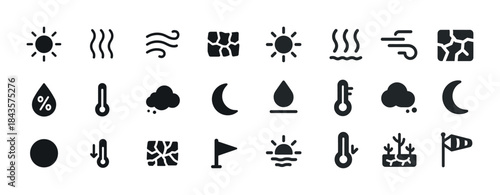 Weather icons set: sun, wind, clouds, heat waves, moon, thermome