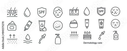 Dermatology care icons: skincare, spf, moisturizer, acne, hydrat