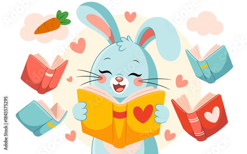 An adorable cartoon bunny, surrounded by colorful books, joyfully clutches a bright book, relishing the joy of reading and imagination in an enchanting, playful scene.