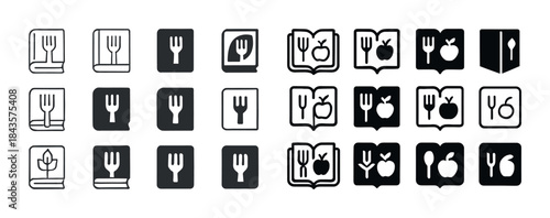 Collection of minimalistic food and recipe icons for digital use