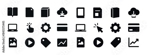 Black and white icon set featuring books, download, digital devi