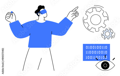 Augmented reality, artificial intelligence, futuristic technology, digital transformation, innovation, programming concepts. A person wearing a VR headset with gears and binary code. Augmented