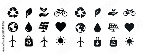 Set of eco-friendly symbols featuring recycling, solar, and wind