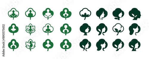 Set of green nature-inspired silhouette logos featuring female p